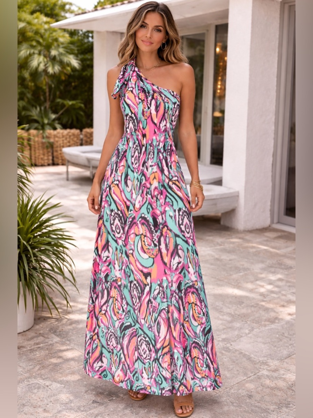 JODIFL One-Shoulder Pink Teal & Black Printed Maxi Dress